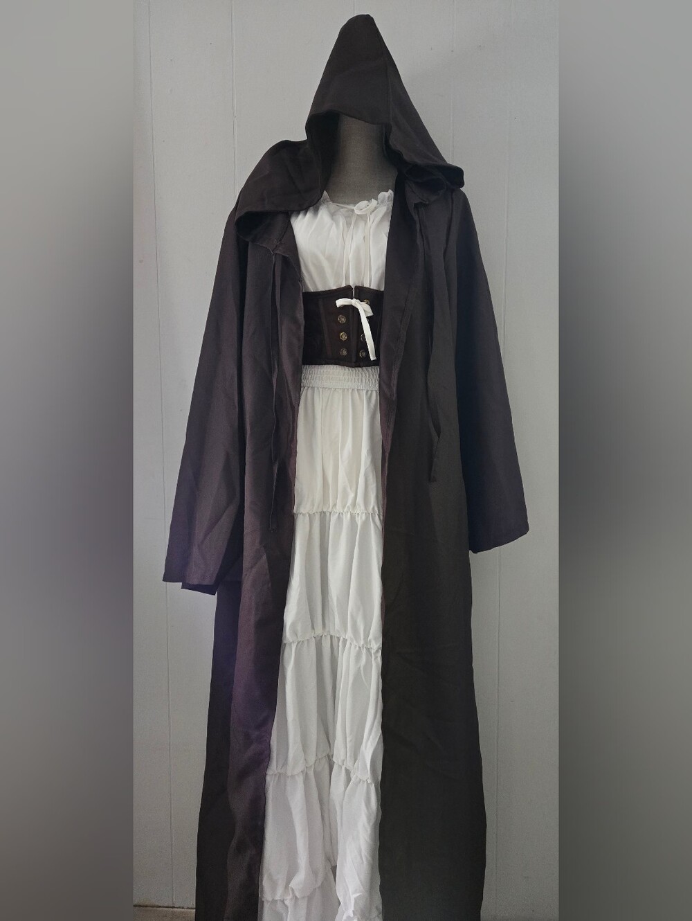 Long Hooded Brown Robe with White Tiered Nightgown